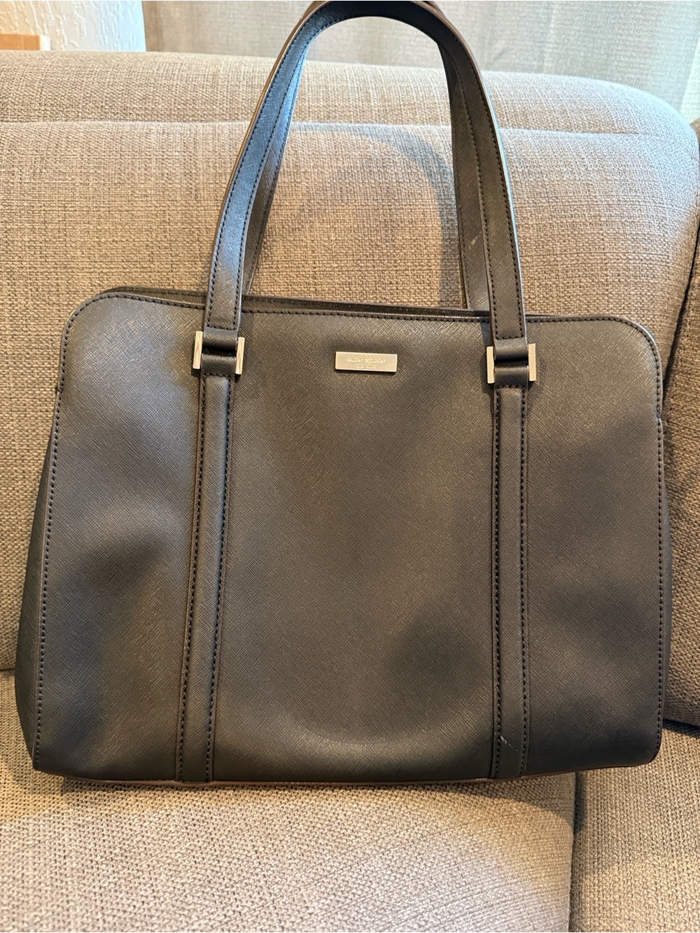 kate spade Black Saffiano Leather Handbag with Plaque Accent